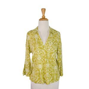 Joie M Green Floral Top Polo Shirt Linen Blend Vacation Summer Tropical Lagenloo